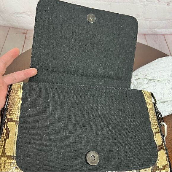 STUART WEITZMAN PYTHON SNAKESKIN & linen shoulder bag gunmetal chain strap - Picture 5 of 12